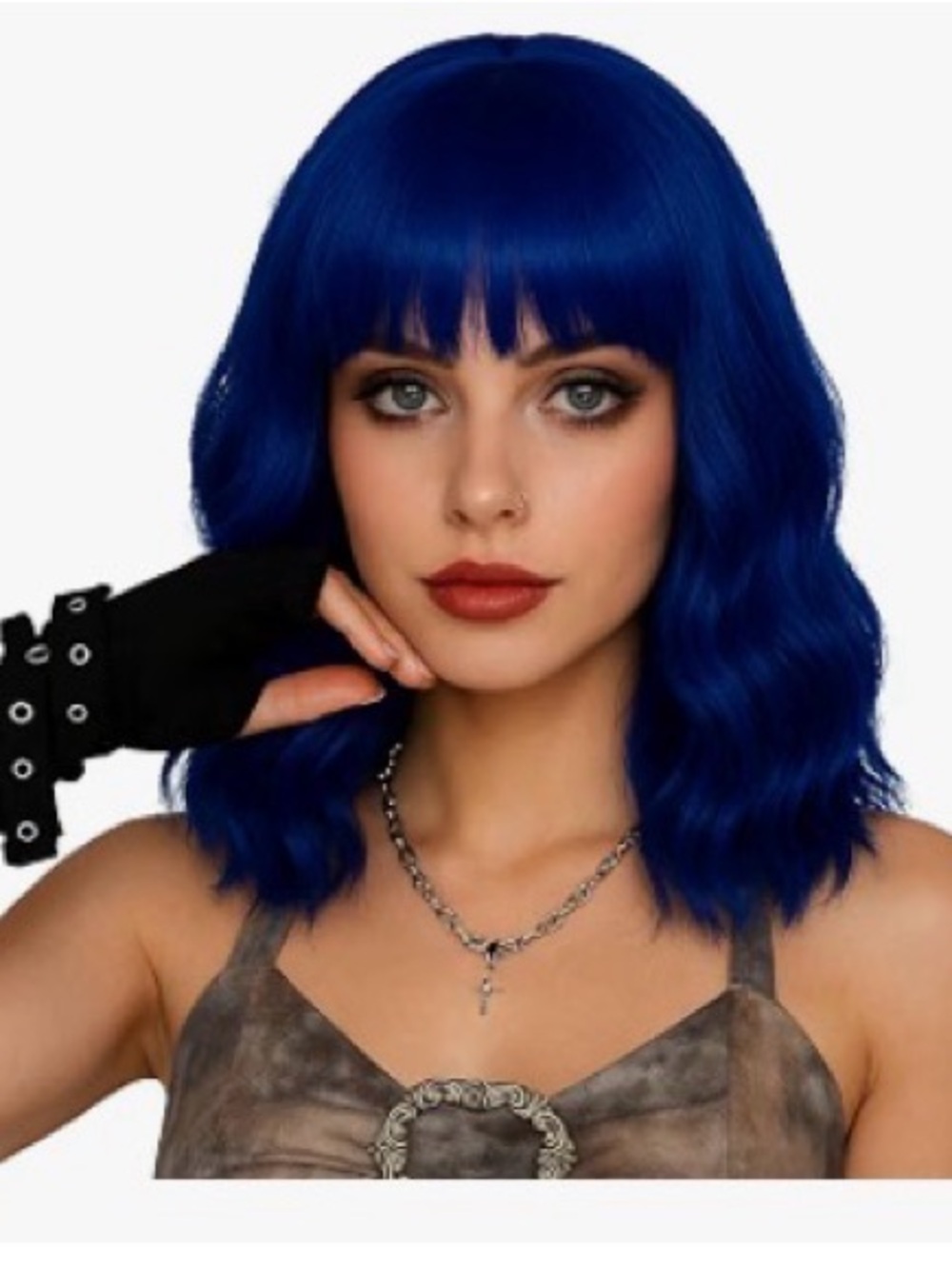Deep Blue Wavy Shoulder-Length Wig with Blunt Bangs - Fashion Hairpiece